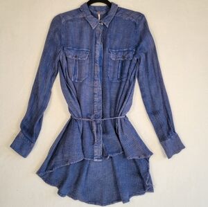 Free People Tie-Waist High-Low Shirt Dress in Blue, Size S